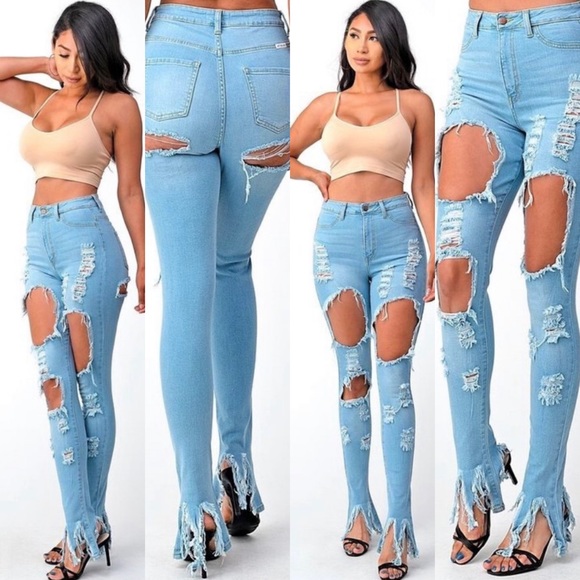 Distressed Denim With Ripped Bell Bottoms - Picture 1 of 8